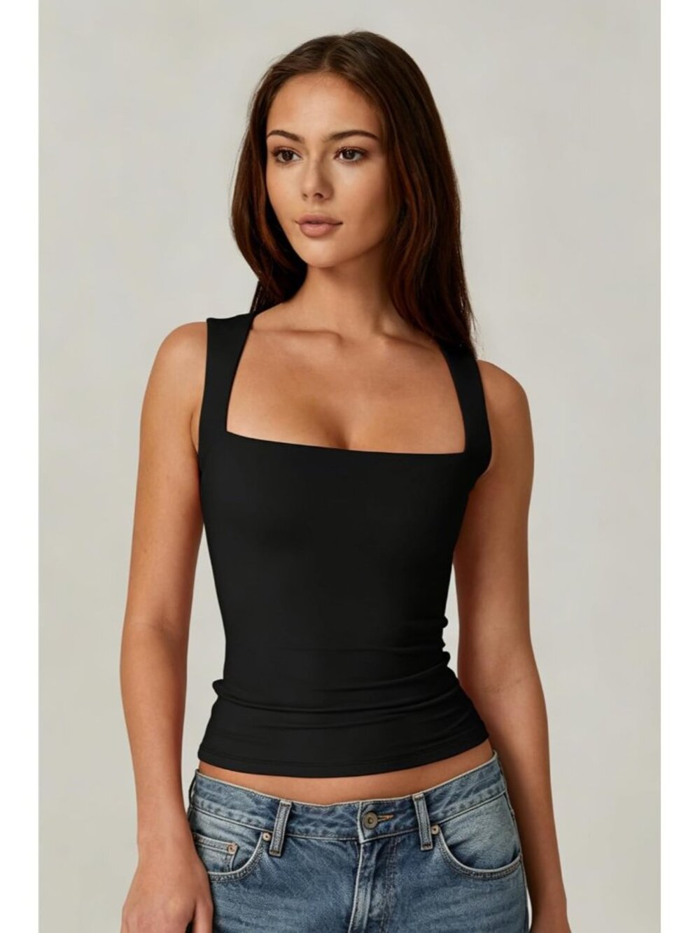〽️Women's Black Sleeveless Square Neck Double Layer Fitted Stretch Basic Top! - Picture 3 of 6